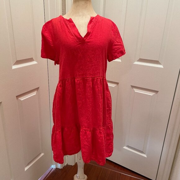 Francesca Bettini Women's 100% Linen Midi Dress Size M Red Tiered Design (NEW) Francesca Bettini Women's 100% Linen Midi Dress Size M Red Tiered Design (NEW)